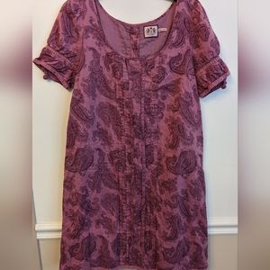 Vtg Y2K Juicy Couture Paisley Cotton Tie Back Dress with Crotchet Ball Buttons